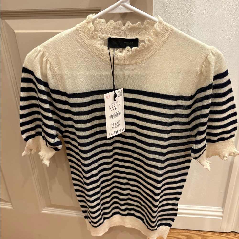 Zara Cream and Black Striped Short Sleeve Sweater